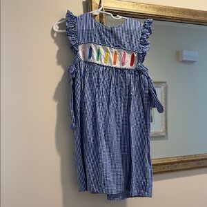 Back to School Blue Gingham Girls' Smocked Dress with Rainbow Crayon Detail